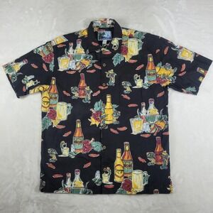 AFTCO Bluewater Short Sleeve Button Up Shirt Men's Medium Black Fish Beer Liquor